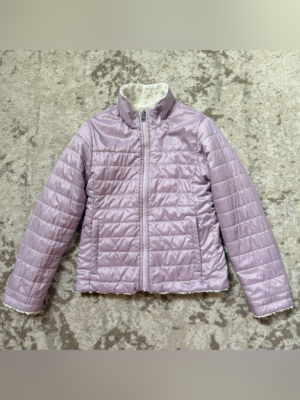 North Face Girls Reversible Down Jacket Size M Purple White Fluffy Lilac